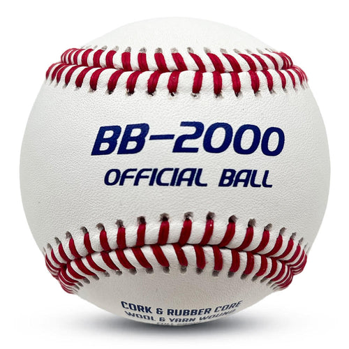 White BB-2000 Official Ball baseball with red stitching and blue lettering.