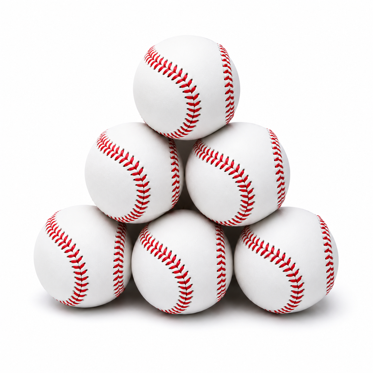 Six white unbranded baseballs with red stitching arranged in a pyramid.